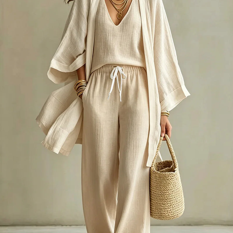 Women Fashion 3-Piece Set Open Front Cardigan Wide Sleeves Matching V-Neck Vest Drawstring Waist Wide Leg Pants Casual Outfit