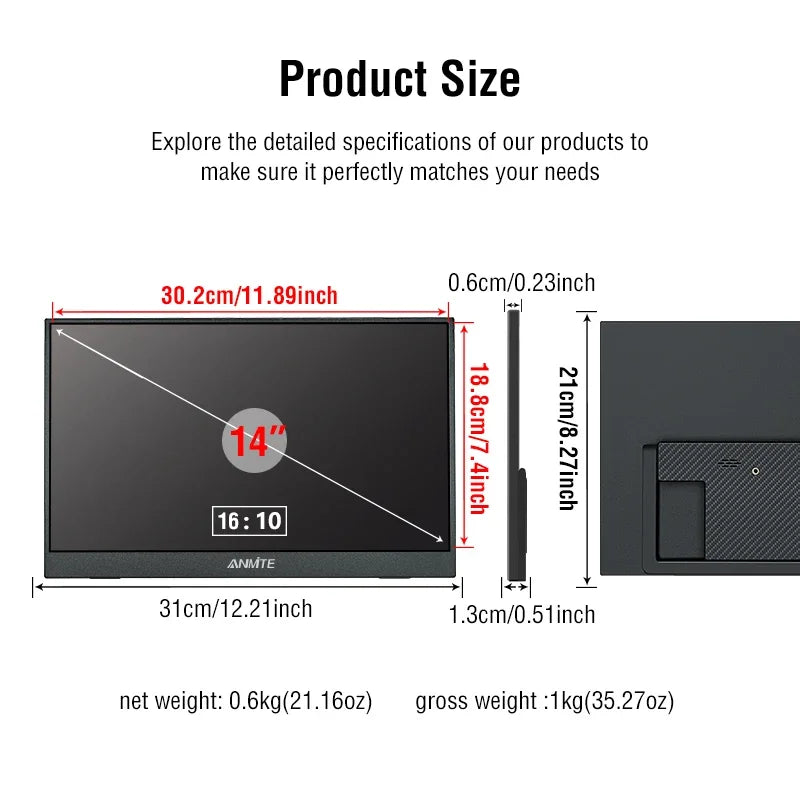 14 Inch Portable Touch Monitor Non-touch optional 16:10 400cd/m2 Gaming Computer Expand Display For XBox PS4/5 Switch Loptop