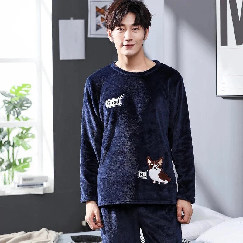 Cartoon Cute Dog Letter Print Men's Pajamas Set Cotton Soft Autumn Winter New Men's Sleepwear Long Sleeve & Pants Korean Pajamas