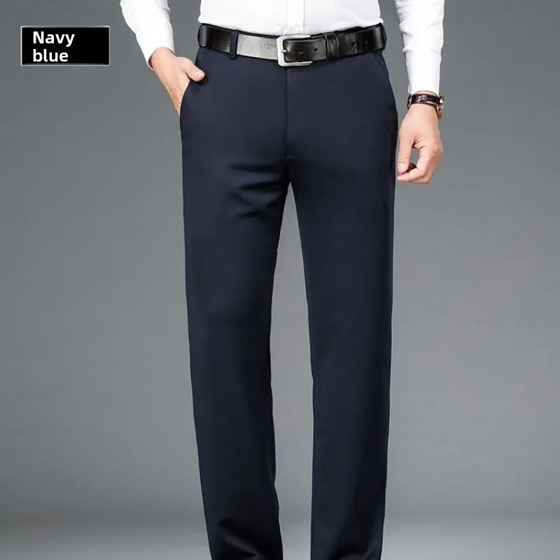 Winter Fleece Warm Business Formal Pants Men Classic Work Office Grey Elastic Waist Suit Thicked Thermal Trousers Plus