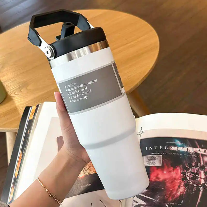 600/890ML Thermos Mug With Straw Stainless Steel Car Insulated Flask Water Tumbler for Outdoor Keeps Cold and Heat Thermal Mug