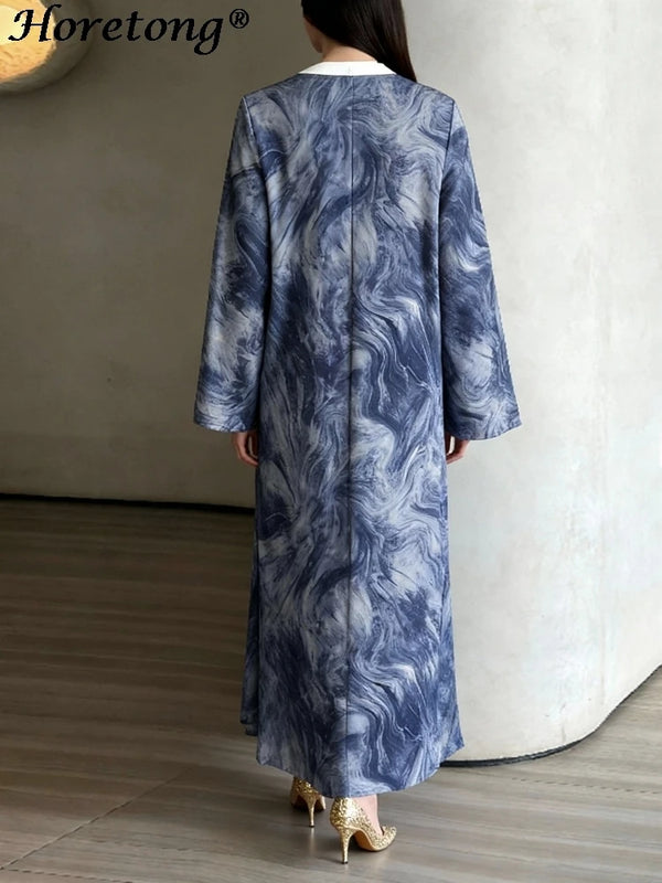 Horetong Muslim Abaya Robe Women Marble Print Chiffon V | SAMAG
