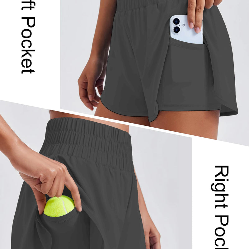 Porty Lady Solid Color High-Waist Yoga Running Double-Layered Anti-Glare Fitness Tight-Fitting Sports Shorts