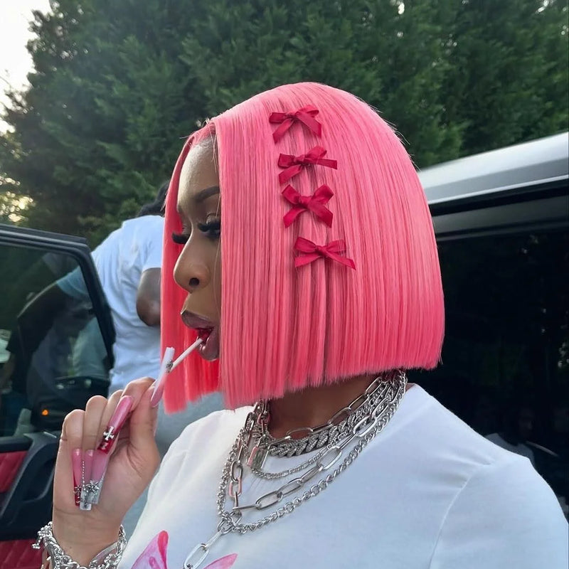 Dark Pink Short Bob Wig Human Hair Straight 13X4 Lace Frontal Wig With Natural Hairline Pre Plucked Short Human Hair Wigs