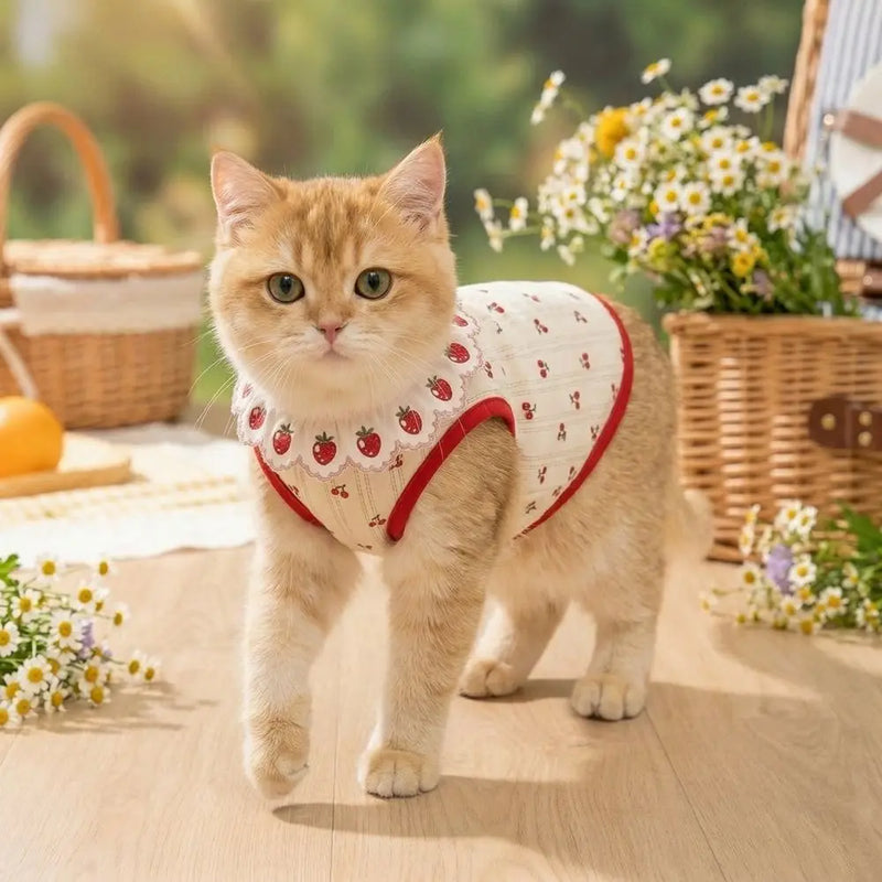 Fashion Ruffled Collar Cat Strawberry Vest Cherry Pattern Breathable Pet T-shirt Soft Thin Dogs Short Sleeve Daily Use