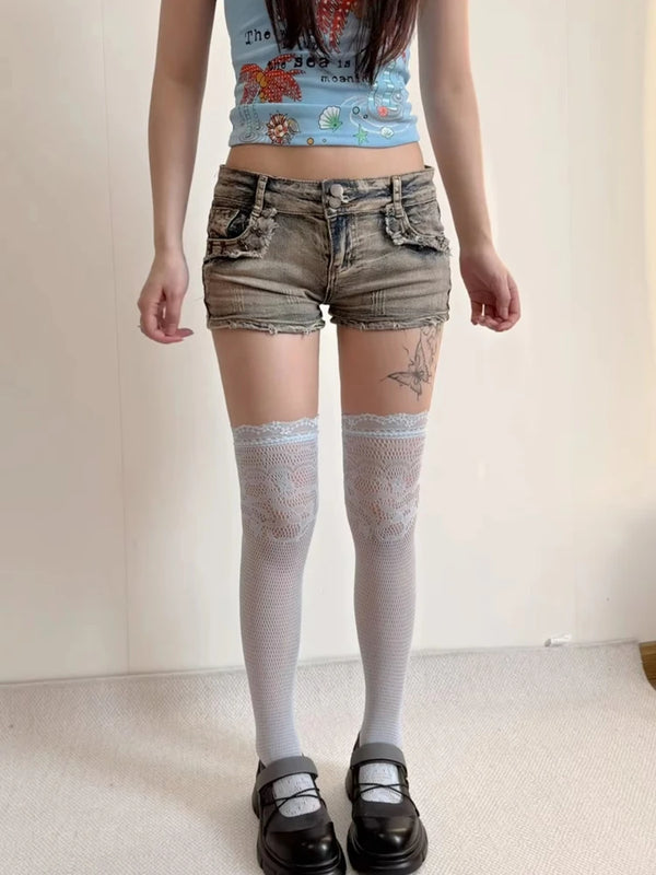 Spring Summer Solid Color Thin Women Stockings JK Lace Hollow Out Pile Calf Socks Dopamine Knee High Socks Sweet Girls Stockings