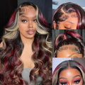 Red Black With Blonde Highlight 13X6 Lace Front Wig Body Wave Synthetic Glueless pre plucked With Baby Hair Lace Frontal Hair