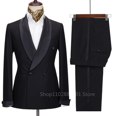 New Men Suit Black Satin Lapel Tuxedo Double Breasted | SAMAG