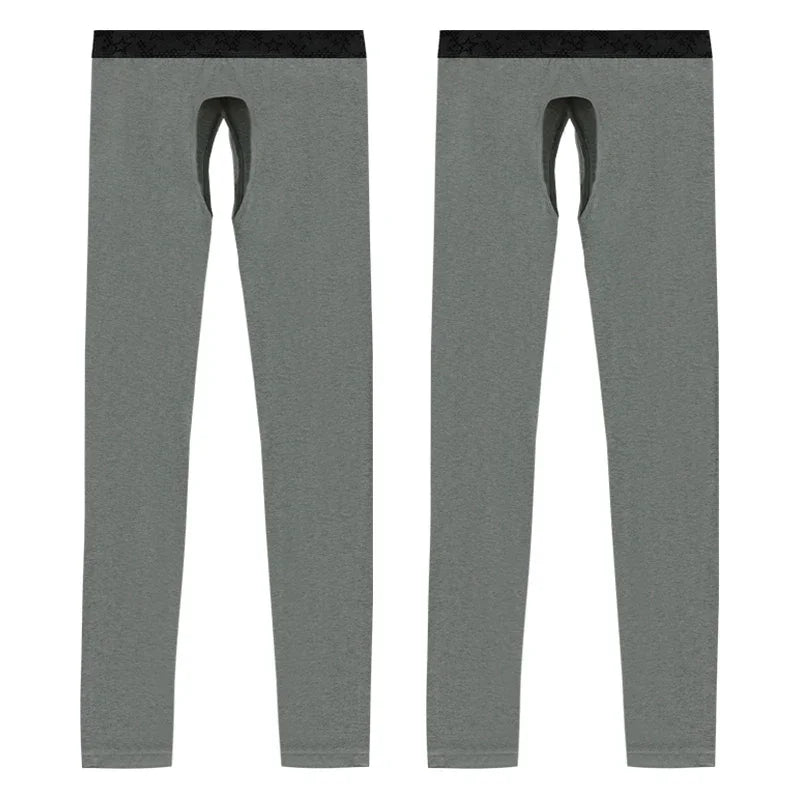 2 Open crotch thermal pants men's thin leggings middle-aged elderly long johns autumn and winter tight inner threads