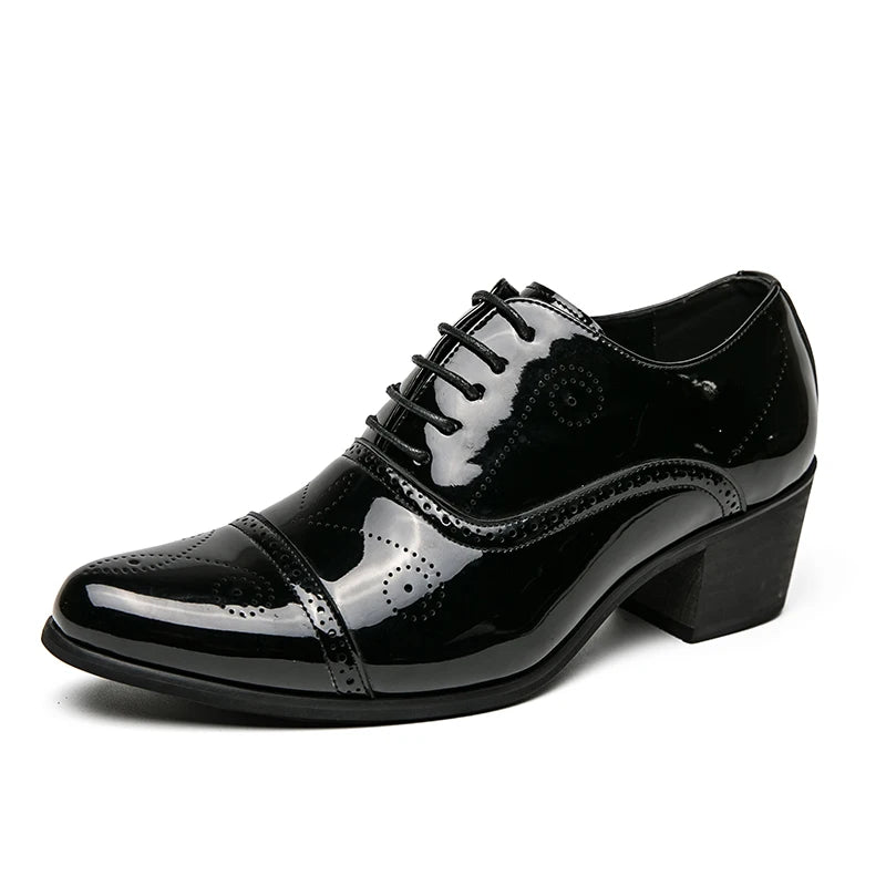 New Dress Leather Shoes Men High Heel 6cm Pointed Toe Brogue Wedding Shoes Height Increase Formal Career Work Jazz Dance Shoes