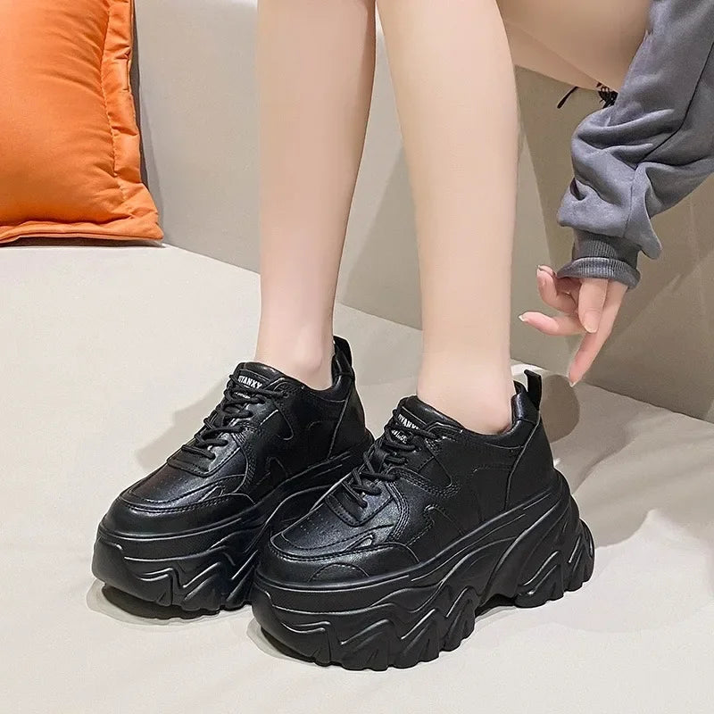 Women Platform Casual Thick leather Shoes 2024 New Spring Autumn Chunky Sneakers 8CM Wedges Hidden Heels Leisure Shoes Woman