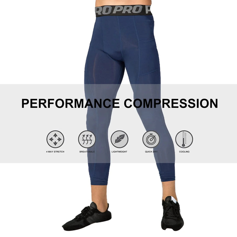 Mens 3/4 Compression Pants Basketball Running Tights Quick Dry Workout Leggings with Pockets Gym Sports Base Layer