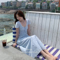 Women Sky Blue Textured Maxi Dress Lady Elegant Lace Square Neck Short Sleeve A-Line Dress Female Ethereal Date City Walk Dress