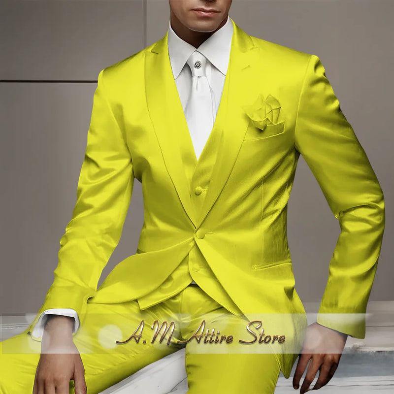 Men's Wedding Party Suits 3 Piece White Satin Mikado Jacket Vest Pants Set for Summer Banquet Party Father Gift Tailored Fit