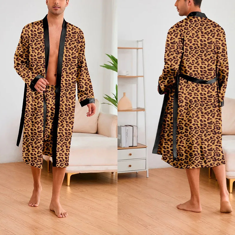 Men's Ice Silk Sleepwear Two-piece Set Kimono Bathrobe Gown Long Robe Pajamas Set Print Tiger Loose Casual Homewear Lounge Wear