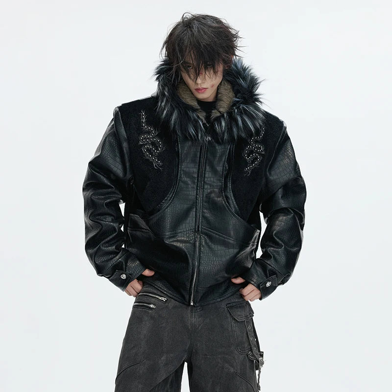 LUZHEN 2025 Winter Embroidery Pattern Patchwork Design Thickened Warm Hooded Padded Coat Men's Fur Leather Parka Jacket JY5616