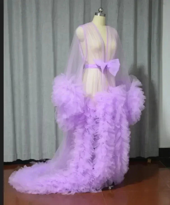 Women Dressing Gown Perspective Sheer Long Tulle Robe Puffy Pregnancy Maternity Dress for Baby Shower Nightgown Sleepwear Custom