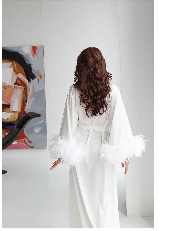 Long Silk Robe White Boudoir Wedding Kimono Satin | SAMAG