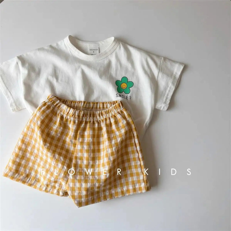 Girls White T-shirt Plaid Shorts /Set Casual Simple Cute | SAMAG