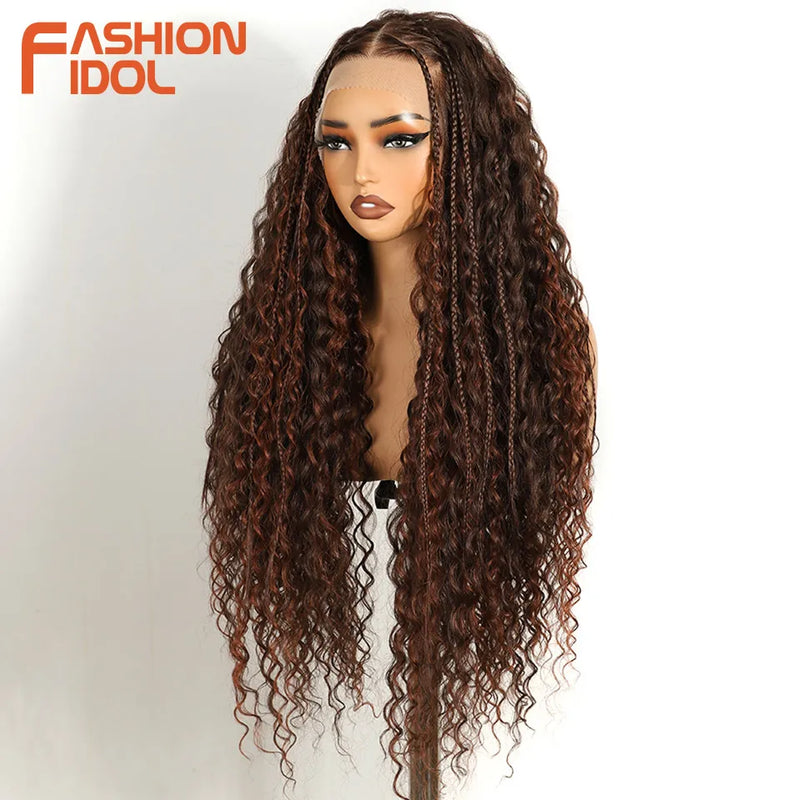 FASHION IDOL 32 inch 13x4 Box Braided Lace Frontal Wigs For Black Women Synthetic Brown Twist Faux Locs Wigs Goddess Braids Wigs