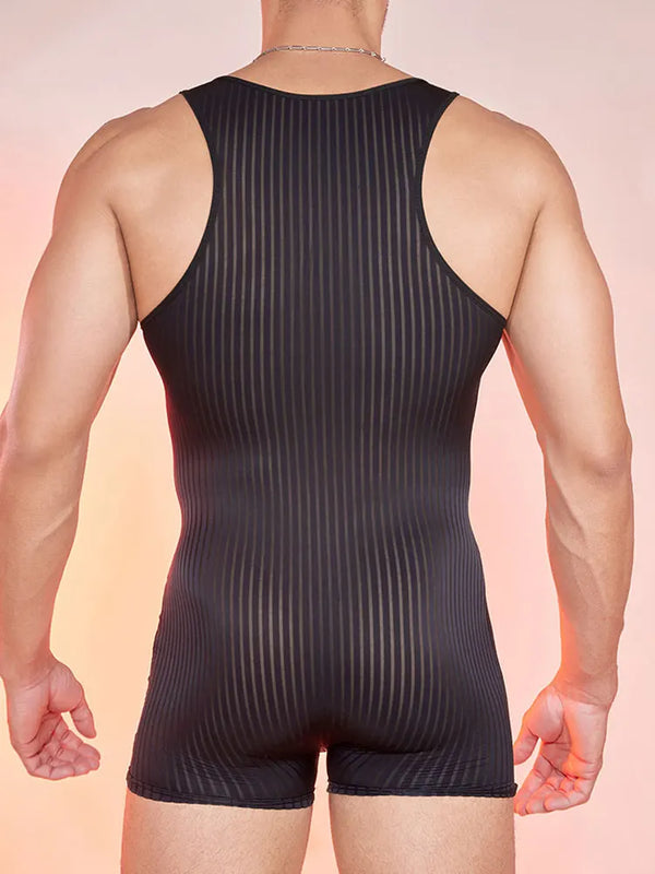Men's Stripe Thin Bodysuit High Elastic Sheer See Through Tights U Convex Pouch Sexy Breathable Playsuit Man Shaper Dance Wear