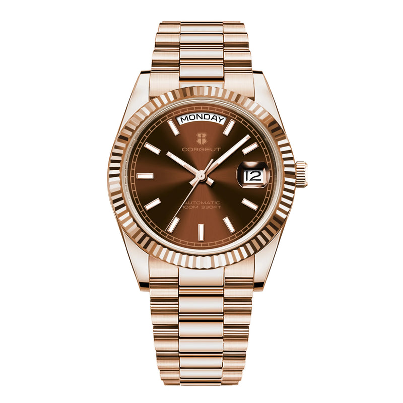 CORGEUT NH36 Mechanical Men's Watch Date of the Week Show President Chain Strap Steel Case Watch Threaded Arc Bezel Waterp