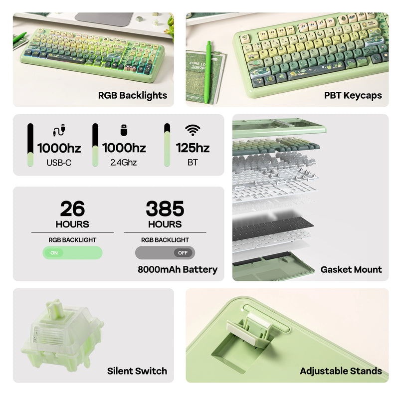 KiiBOOM Phantom98 Lite 96% ANSI US Layout VIA Programmable Gasket Wired/BT/2.4GHz Wireless Mechanical Gaming Keyboard 8000mAh