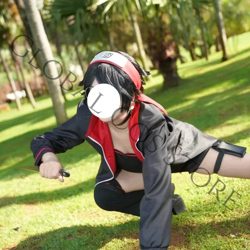 HappyAnime Character Uchiha Sarada Cosplay Costume Black Tube Top Red Belt and Choker Props Set Battle Suit for Comic Con Dess U