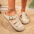Womens Mules Round Toe Suede Look Texture Caged Cutout Flat Shoes Adjustable Buckle Strap Casual Backless Slip on Walking Clogs