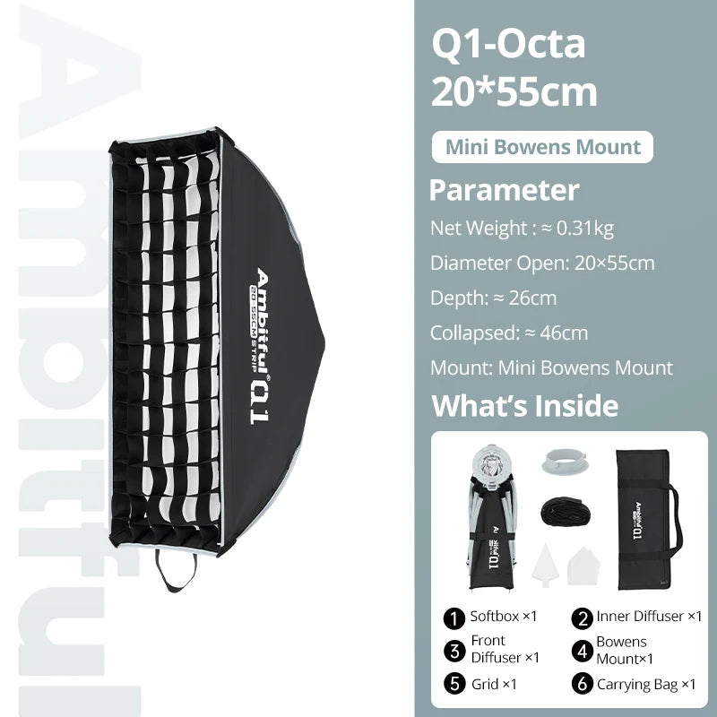 AMBITFUL Q1 Mini Bowens / GODOX Mount 30cm 45cm Octa Softbox 20*55cm Strip Softbox 30cm Softball 45cm Bounce Softbox For GODOX
