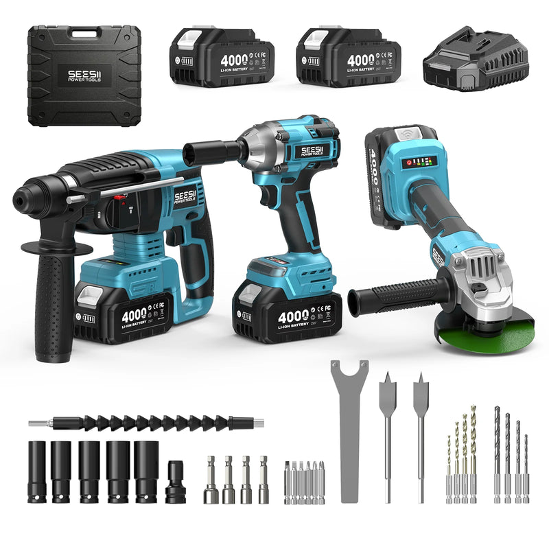 Seesii 3 - In - 1 Tool Combo Kit Rotary Hammer Drill Impact Wrench Angle Grinder Electric Brushless - View 11 | SAMAG