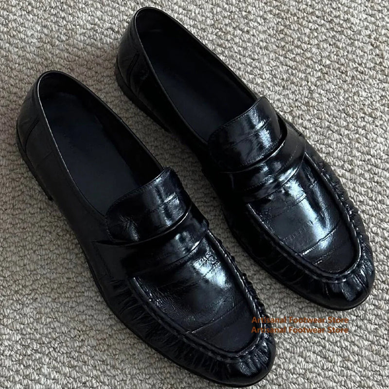 Men's Black Sin Ruched Loafers Soft Leather Soft Sole Slip On Single Shoes Casual Shoes Trendy Luxury Handmade Men's Shoes ﻿