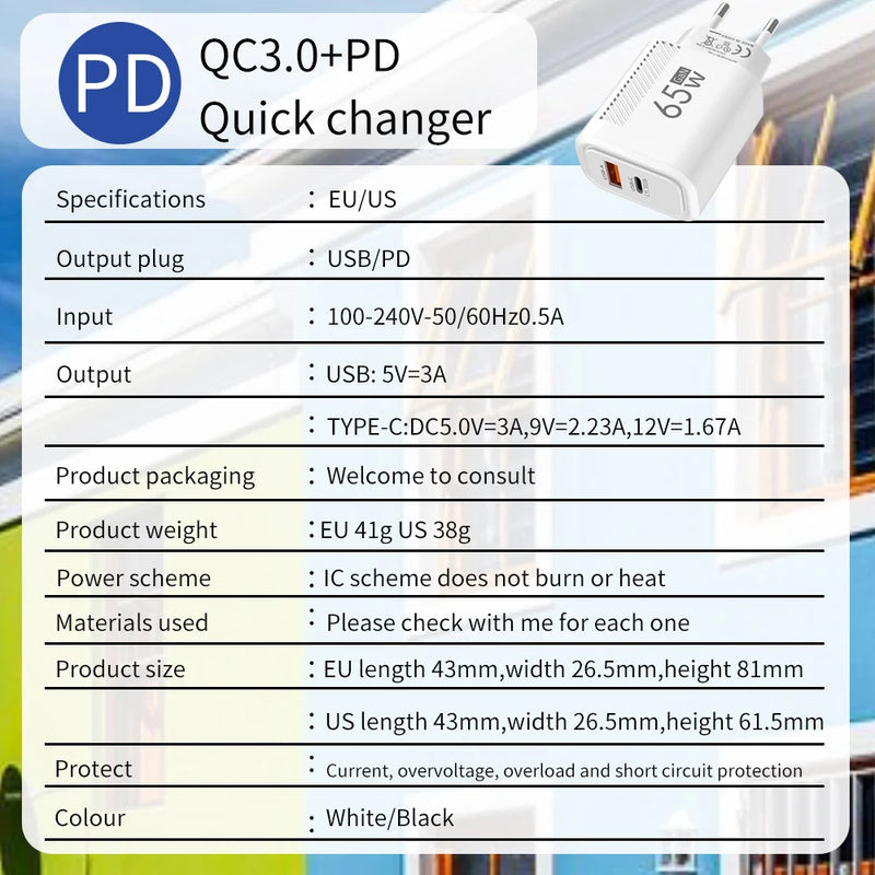 65W GaN Charger USB Type C Charger Quick Charger 3.0 Phone Adapter Fast Wall Charger For iPhone Xiaomi Samsung Huawei EU/US Plug