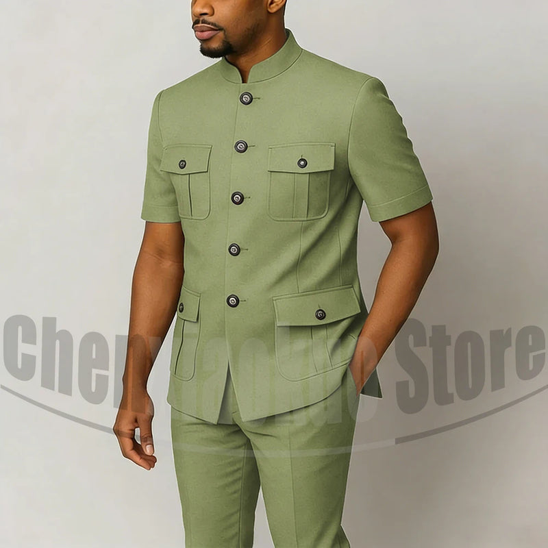Men's Grey Mandarin Collar Suit Set Short Sleeves Multi-Pocket Jacket and Trousers Fashion Formal Smart Casual Wedding Suits