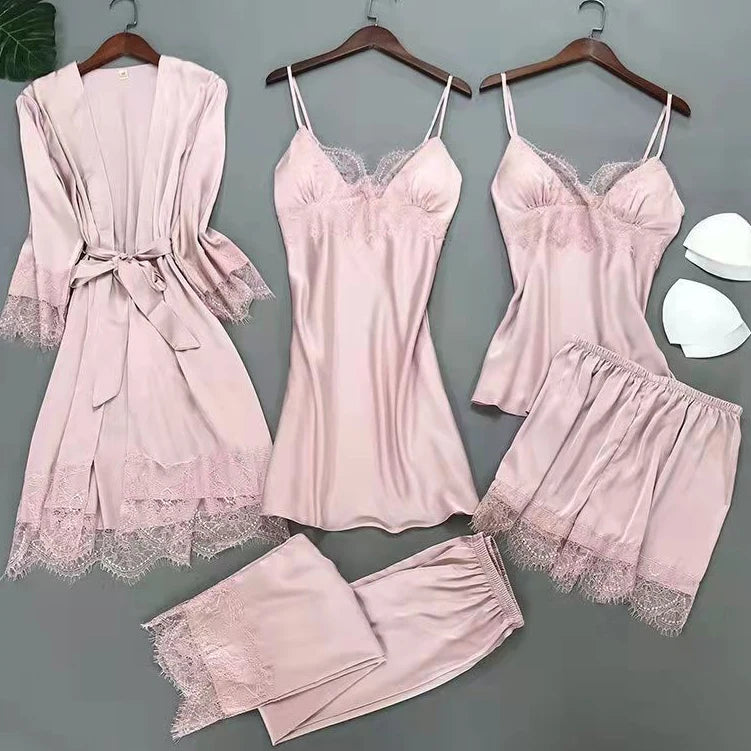 White Sleep Set Pajamas Lady Lace Satin Pyjamas Kimono | SAMAG