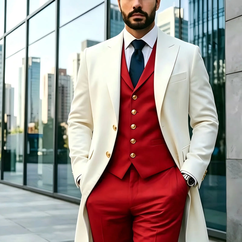 Ivory Long Blazer Men's Suits Single Breasted Wedding | SAMAG