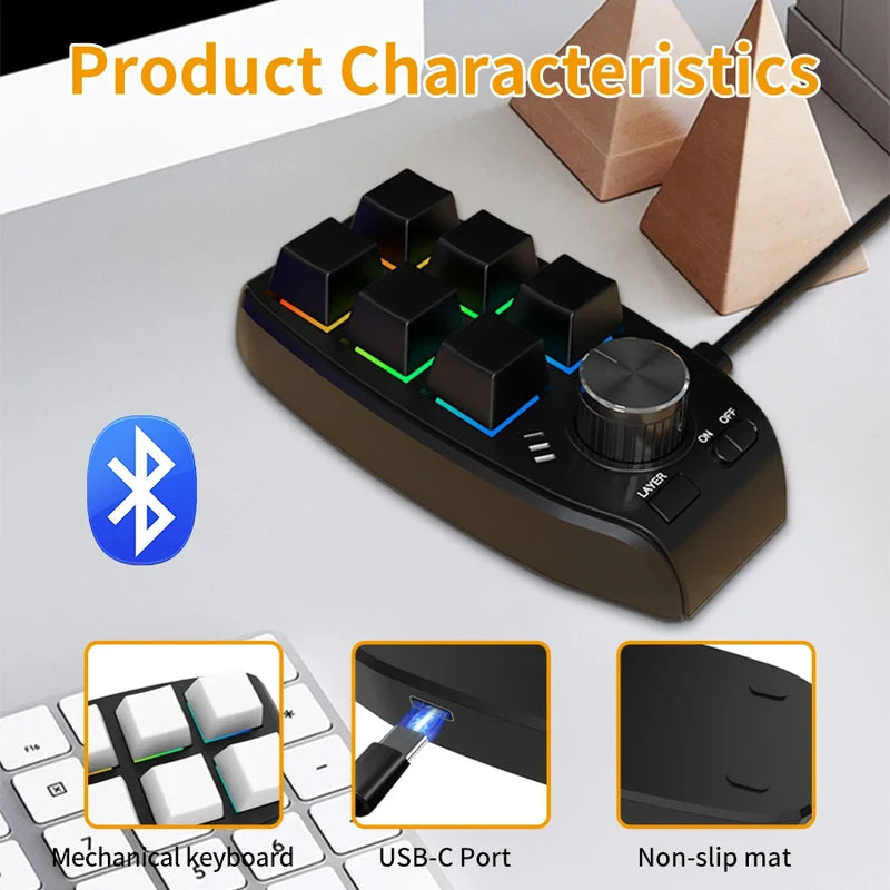 6 Key 1 Knob Bluetooth Keyboard USB Macro Custom Mini Keypad Copy Paste DIY Mechanical Keyboard Gaming Drawing Portable Hot-swap
