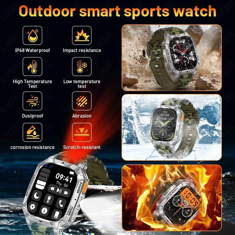 LIGE Militray 1400mAh Large Battery Smart Watch Men 2.01"HD Screen LED Flashlight & SOS Light BT Call Health Monitor Smartwatch