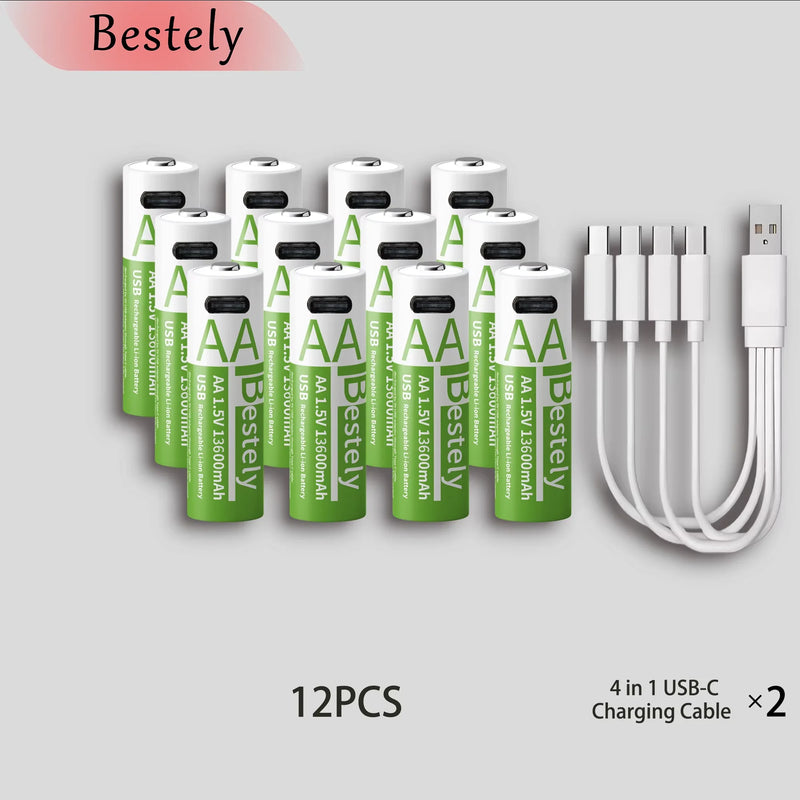 Bestely 1.5V 13600mAh USB AA Lithium Ion Rechargeable Battery, Fast Charging Li-ion Akku, 2000 Cycle with USB-C Port Cables