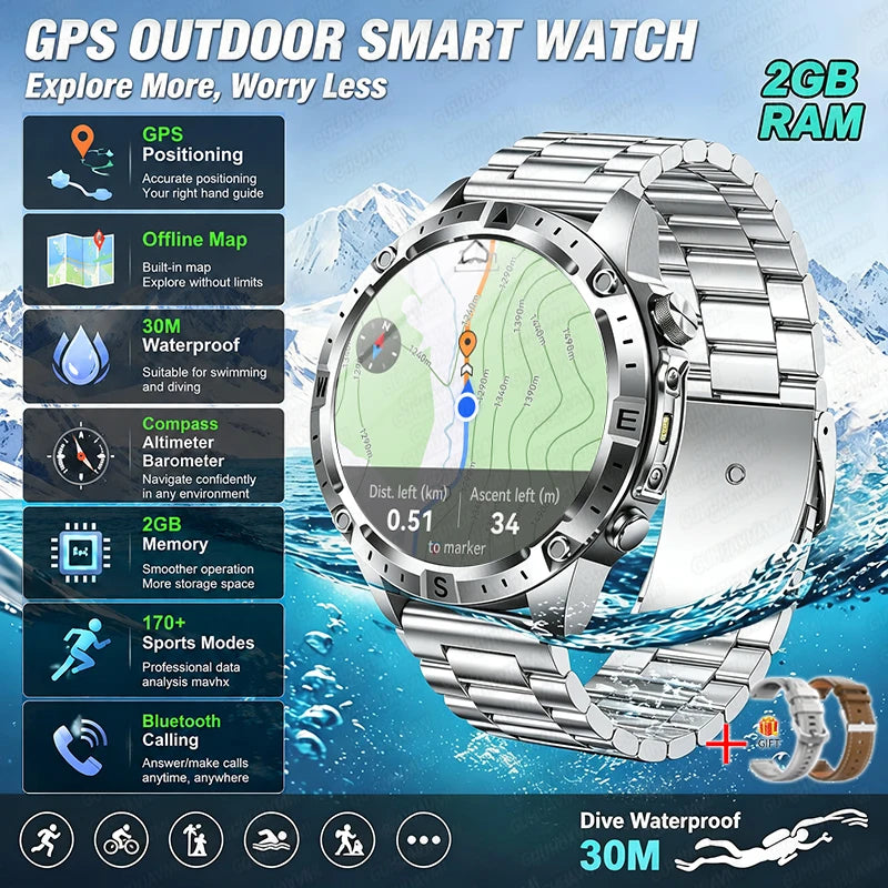 2026 Offline Map New Smart Watch 3ATM Waterproof GPS Navigation Compass Altimeter Flashlight Men 170+ Sports Bracelet Men Women