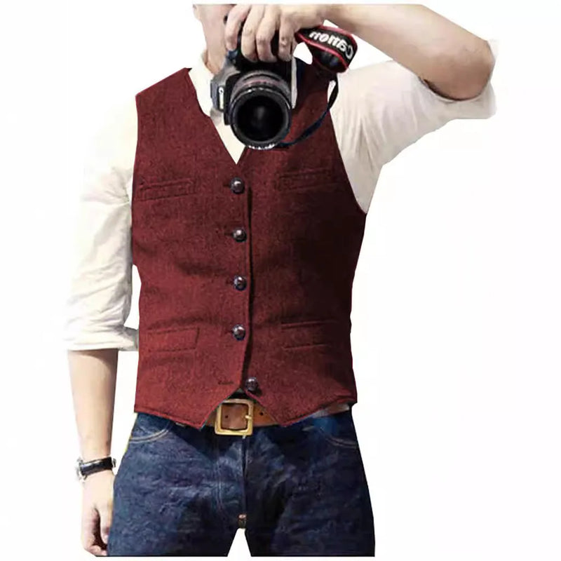 V Neck Men's Suits Vest Casual Classic Formal Business Herringbone Tweed Slim Fit Waistcoat For Wedding Groomsmen