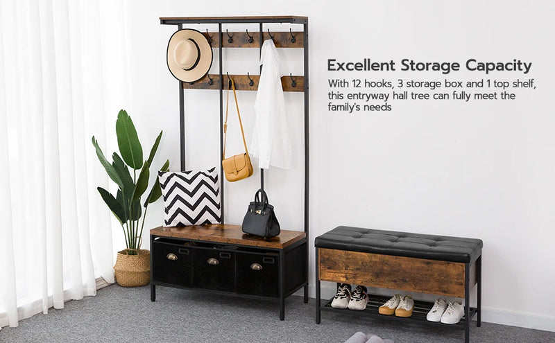 HOOBRO Coat Rack With 12 Hooks Hall Tree With Bench And Shoe Storage Entryway Bench With 3 Storage Boxes For Hallway Living Room