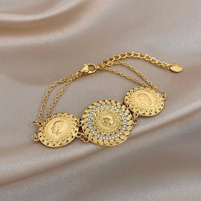 Vintage Gold Plated Stainless Steel Coins Wrist Bracelet for Women Men Classic Ethnic Cuff Bracelets Waterproof Jewelry