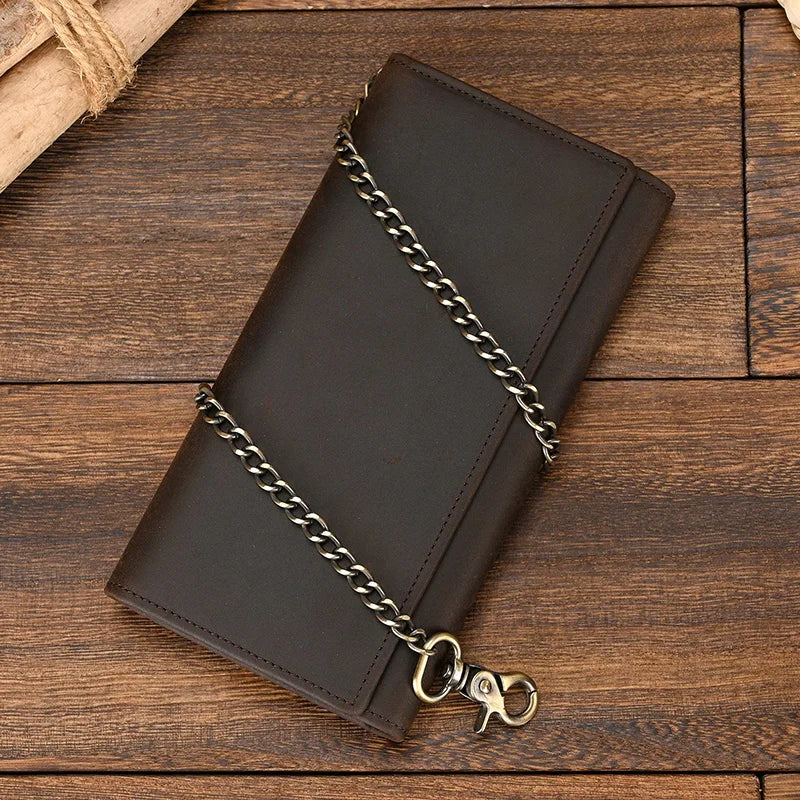 Men's Vintage Crazy Horse Leather Chain Wallet Genuine Leather Bifold Long Wallet Snap Card Holder Purse Zipper Coin Rfid Pocket