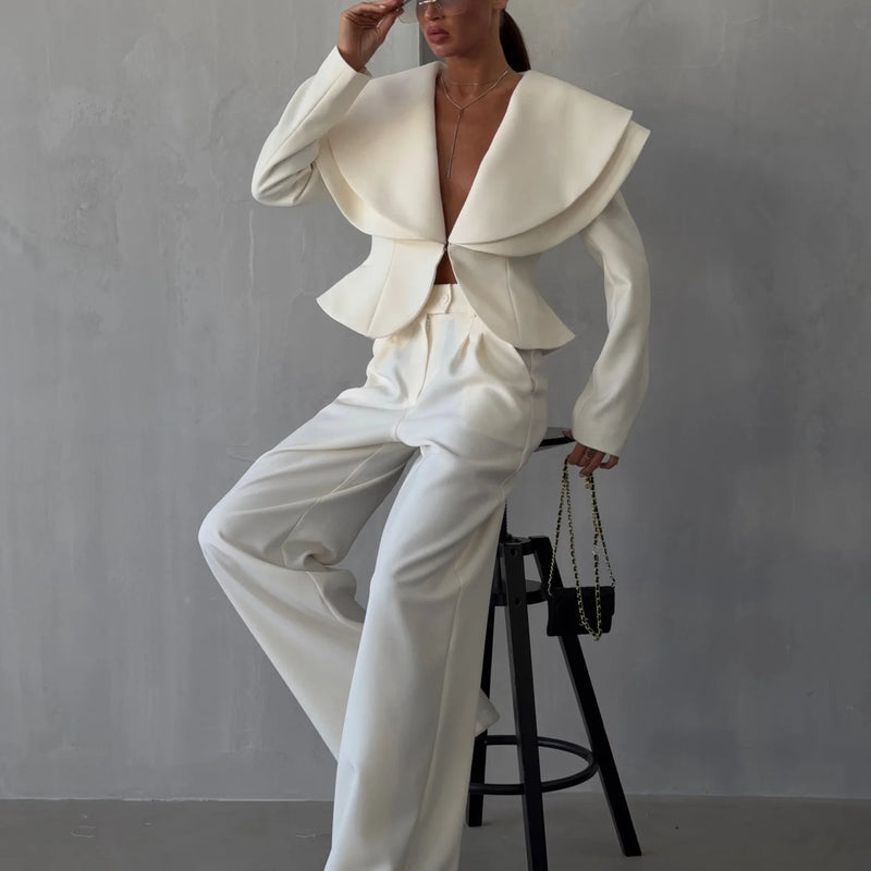 Laur 2026 Oversized Double Layer Lapel Cropped Blazer Two Piece Set High Waist Wide Leg Trousers Elegant Formal Matching Outfit