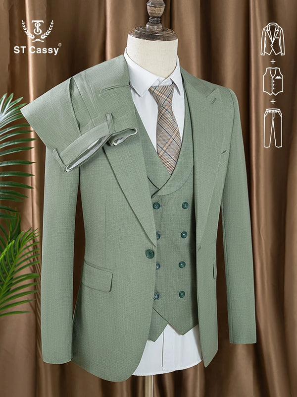 ST Cassy Summer Thin Version Men's Suit Green Slim Fit Formal Business Office Men's Suits（jacket+Vest+Pants）