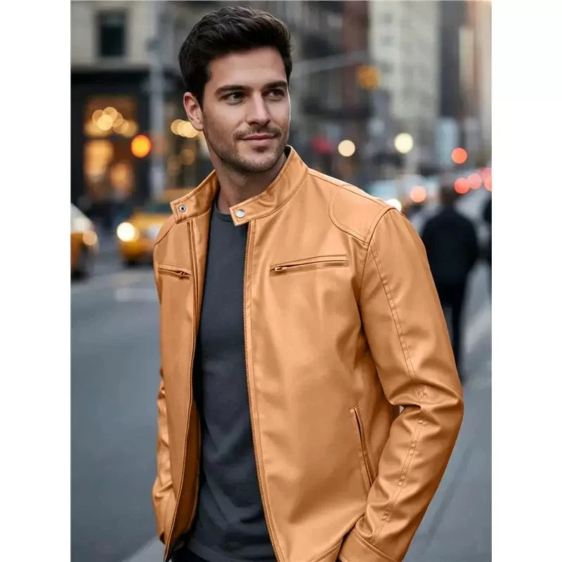 Men's PU leather jacket stand-up collar slim-fit vintage-style biker jacket spring/fall top
