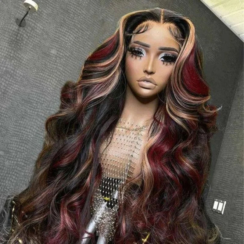 Red Black With Blonde Highlight 13X6 Lace Front Wig Body Wave Synthetic Glueless pre plucked With Baby Hair Lace Frontal Hair