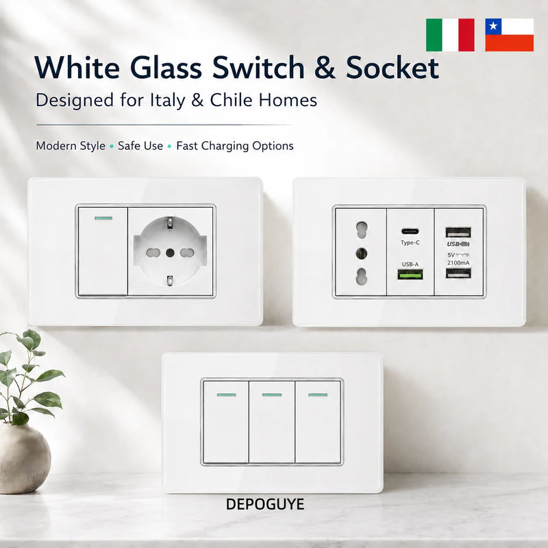 White Tempered Glass Italy USB Type C Smart Fast Charging Wall Socket Plugs Schuko Light Switch Panel Chile TV Sat Computer CAT6