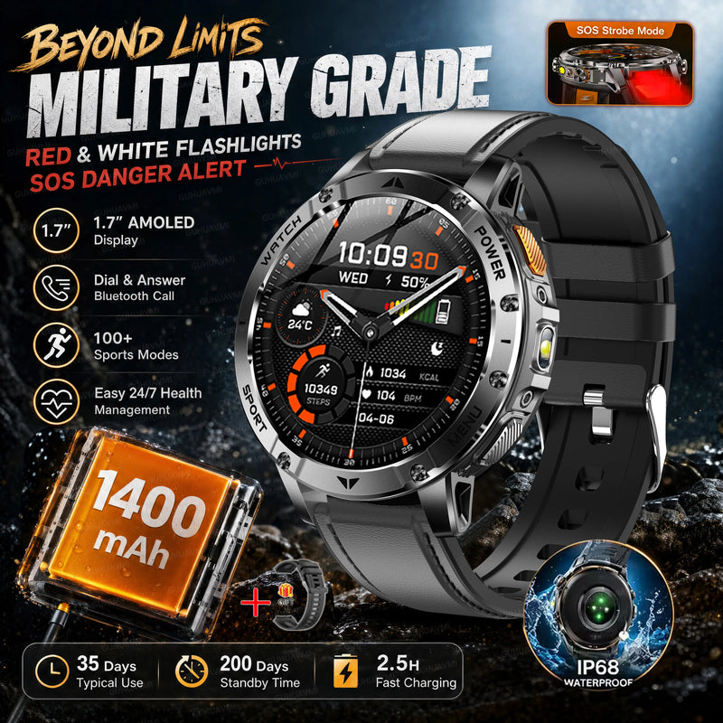 2026 New Military TANK 1400mAh Battery Smart Watch IP68 Waterproof LED Flashlight Heart Rate Sports tracker SOS Smart Watch Men